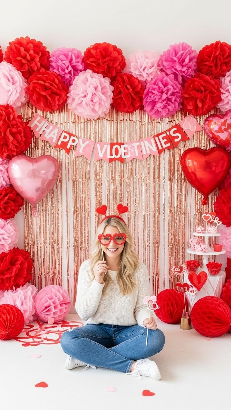 Playful Valentine's photo booth backdrop with rose gold tinsel curtain and oversized heart balloons