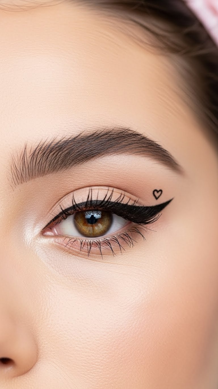 Playful heart eyeliner design on model's eye with crisp winged liner and delicate heart detail in bright daylight