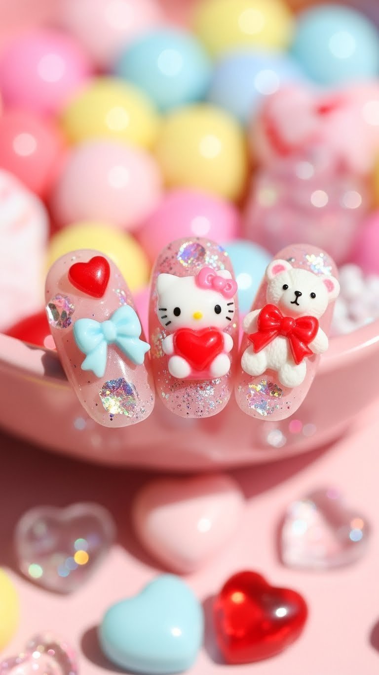 Playful kawaii Valentine's Day junk nails with 3D Hello Kitty character on pastel pink nail, candy-filled background