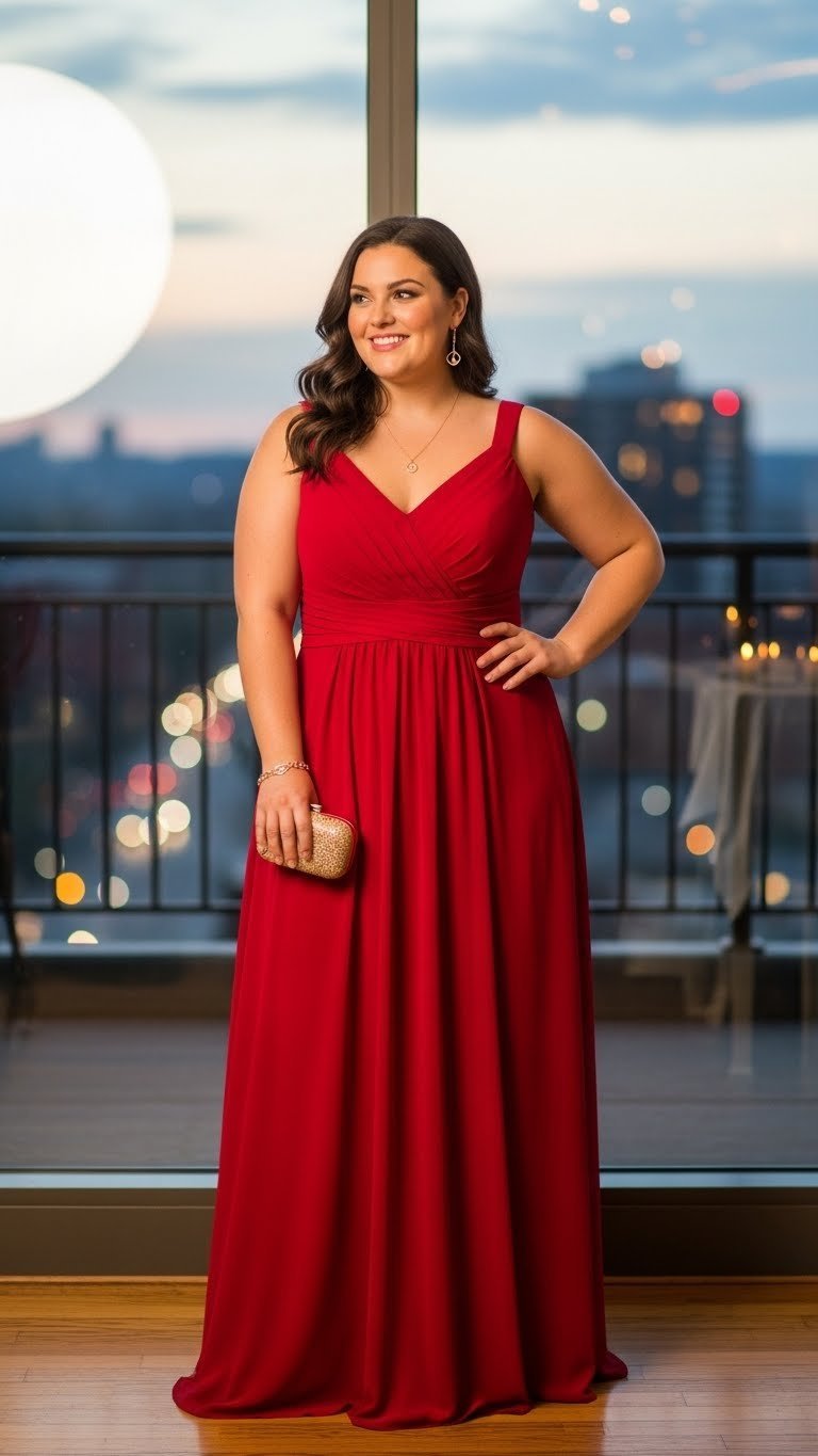 Plus-size woman confidently posing in vibrant red maxi dress against soft bokeh city skyline at golden hour.