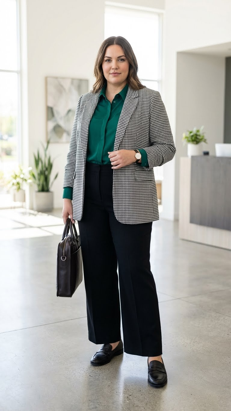 Plus-size woman in a business casual houndstooth blazer, jewel-toned blouse, and black wide-leg trousers, holding a briefcase.