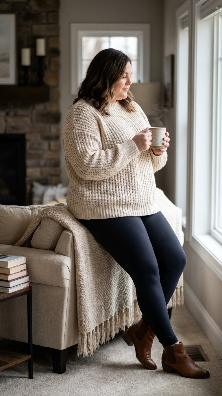 Plus-size woman in a cozy cream chunky knit sweater, dark thermal leggings, and brown ankle boots, relaxing by a window with a mug.