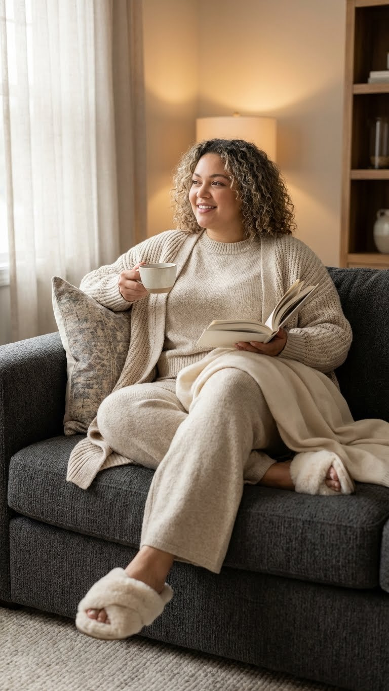 Plus-size woman in oatmeal knit loungewear set, cardigan, and faux fur slippers, relaxing on a sofa, reading.