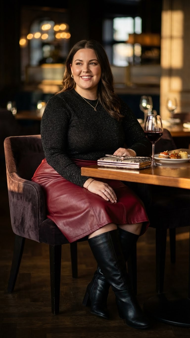 Plus-size woman in shimmering top, faux leather A-line skirt, and wide-width boots, at a chic restaurant.