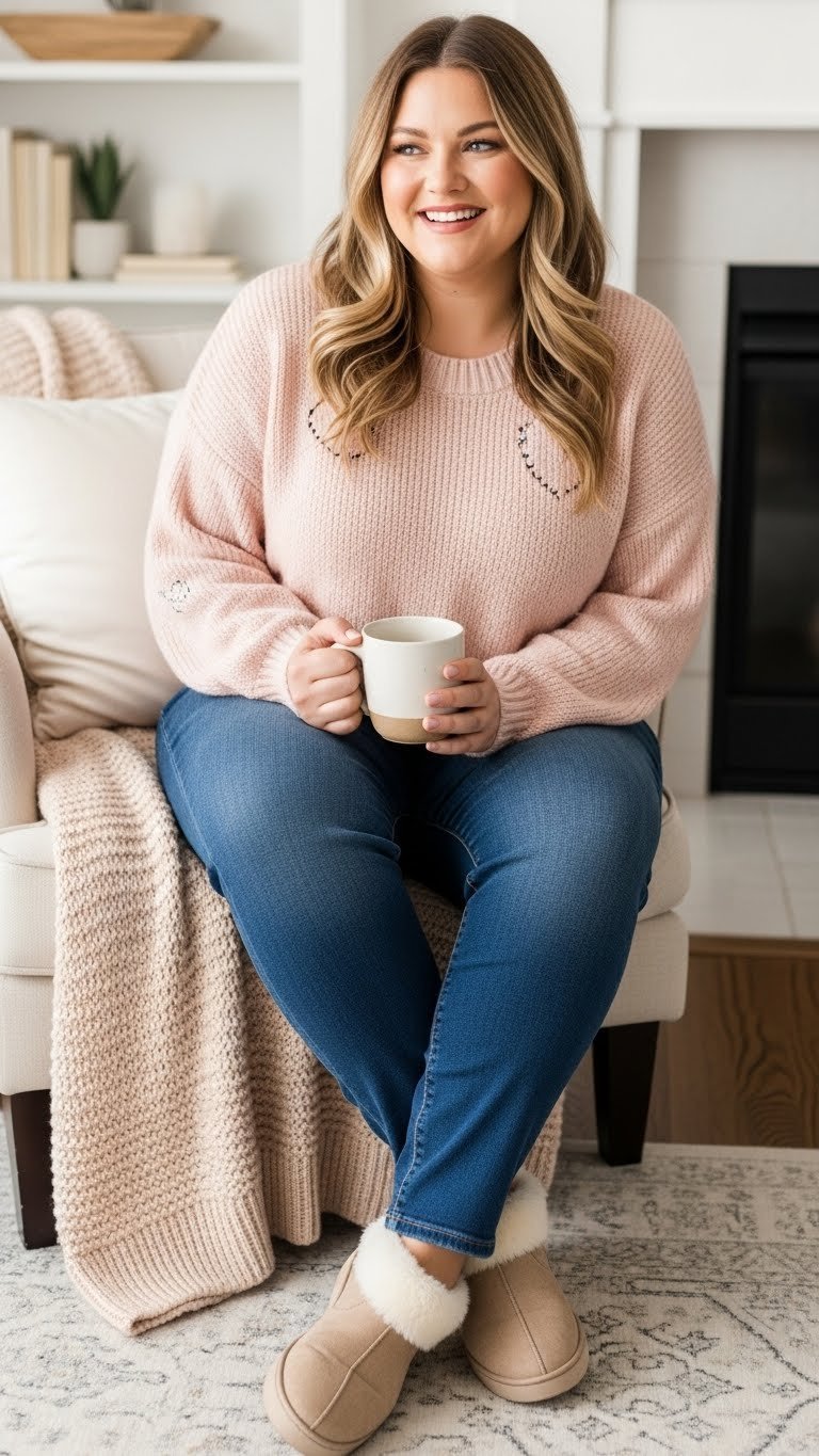 Plus-size woman wearing cozy blush pink sweater and jeans holding mug in comfortable living room setting.
