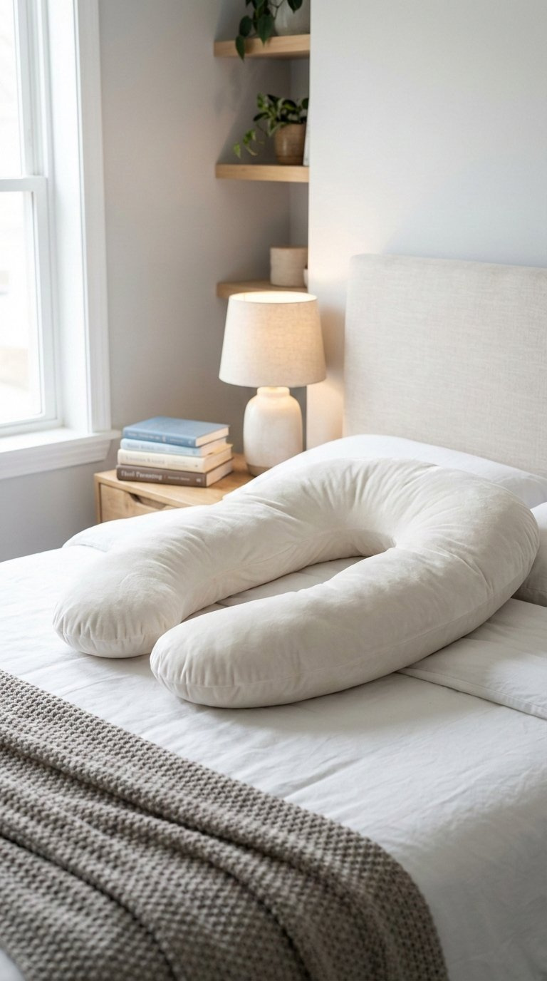 Plush C-shaped pregnancy pillow on crisp white bedding in minimalist bedroom with soft natural lighting