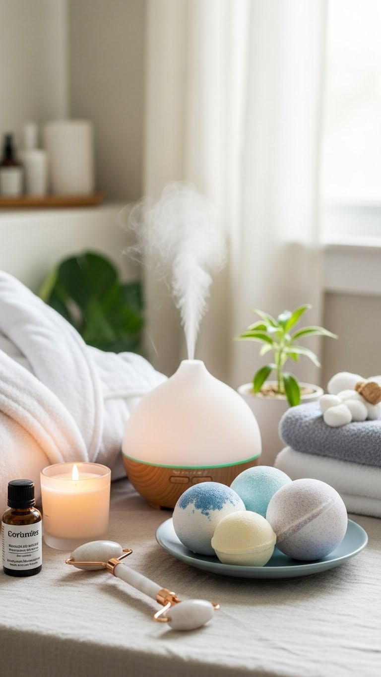 Plush bath robe and essential oil diffuser with masculine bath bombs arranged on soft linen surface
