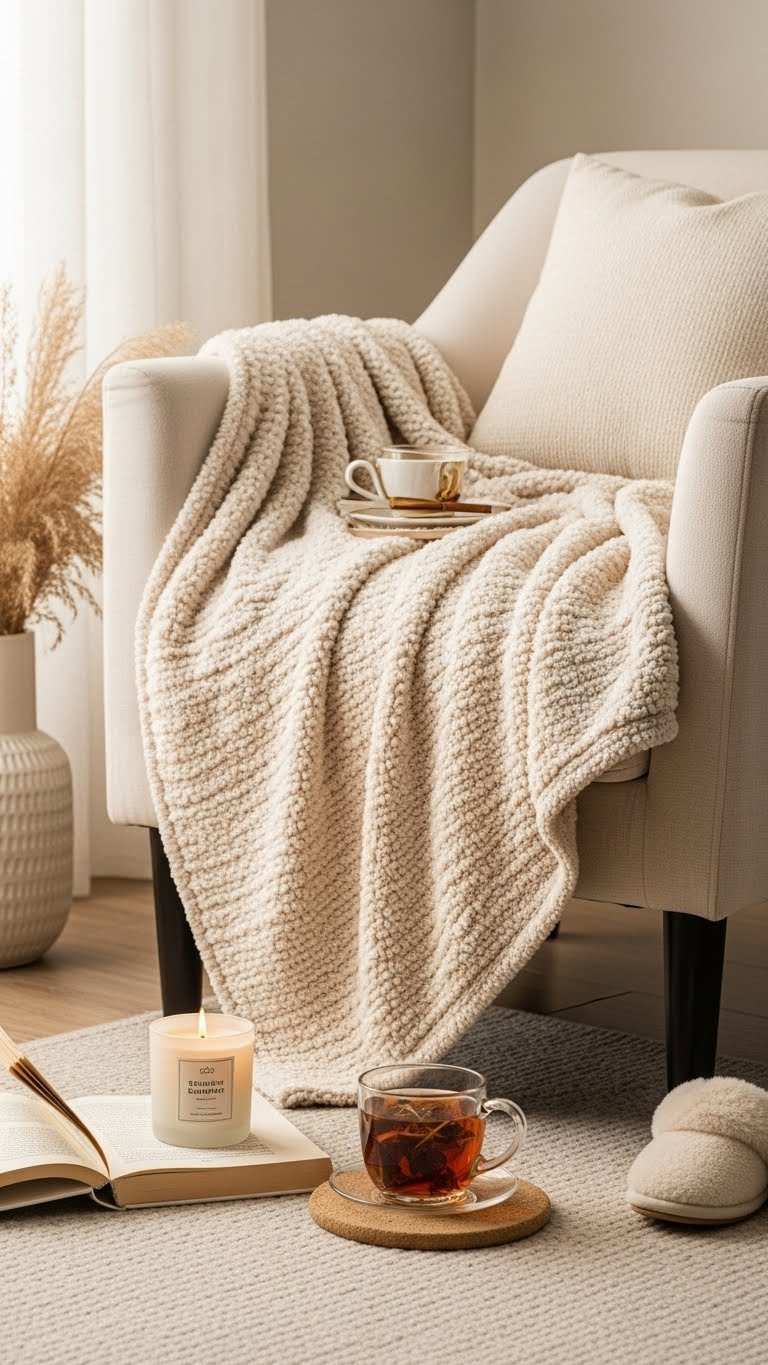 Plush cashmere blanket draped over cozy armchair with scented candle and herbal tea in warm golden hour lighting