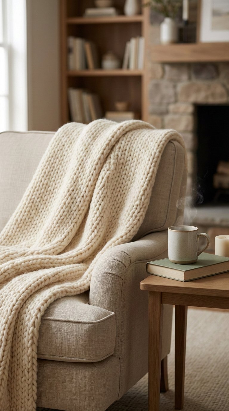 Plush oversized comfort blanket draped over armchair with steaming mug and book in cozy living room setting for relaxation.