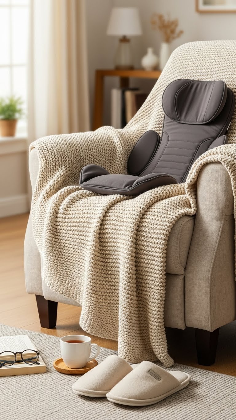Plush oversized knitted blanket draped elegantly over comfortable armchair in cozy living room with soft natural lighting.
