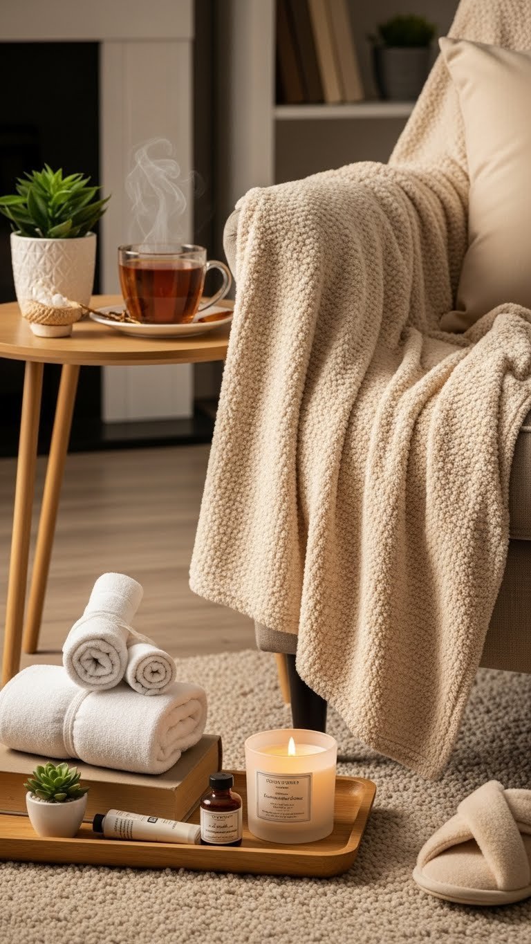 Plush throw blanket draped over armchair with herbal tea and aromatherapy candle creating cozy spa relaxation scene