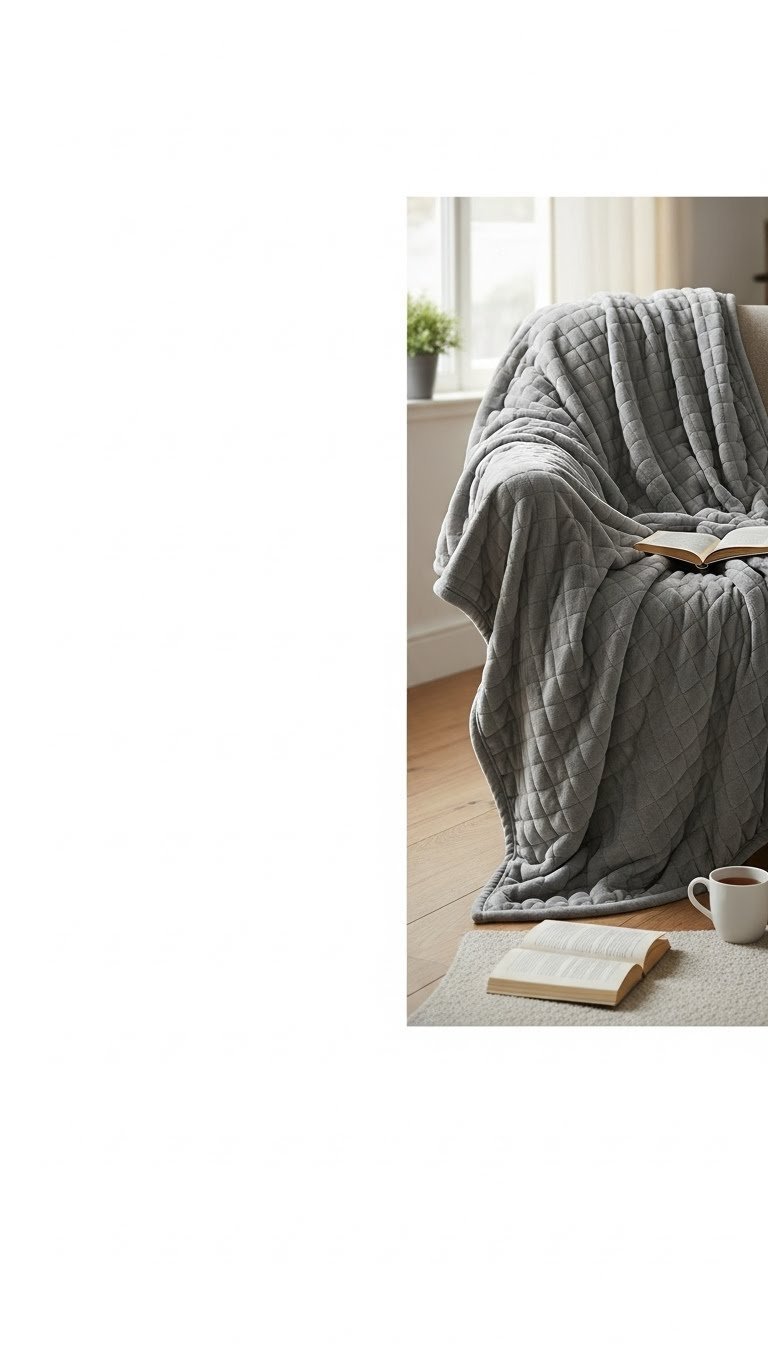 Plush weighted blanket draped over comfortable armchair with book and tea in cozy living room setting