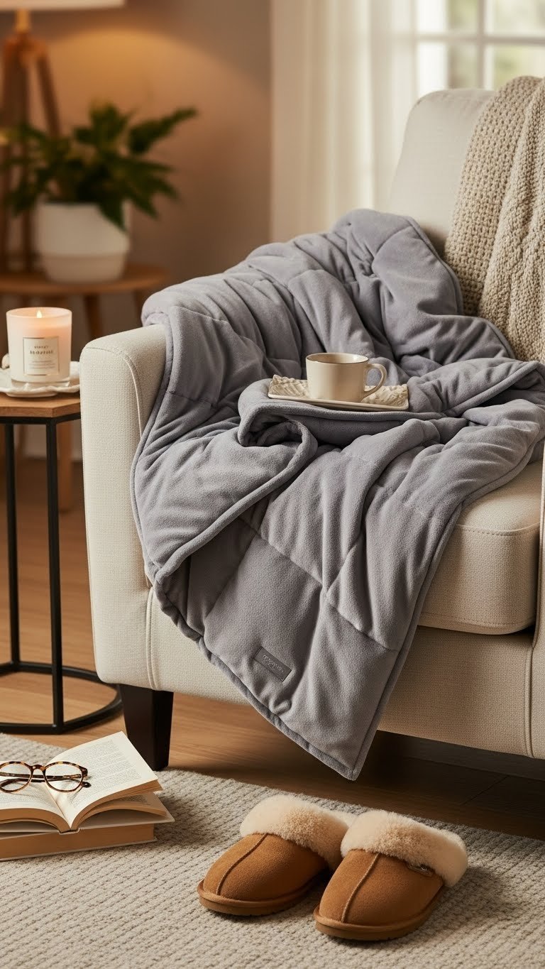 Plush weighted blanket, scented candle, and cozy slippers in warm living room setting for relaxation