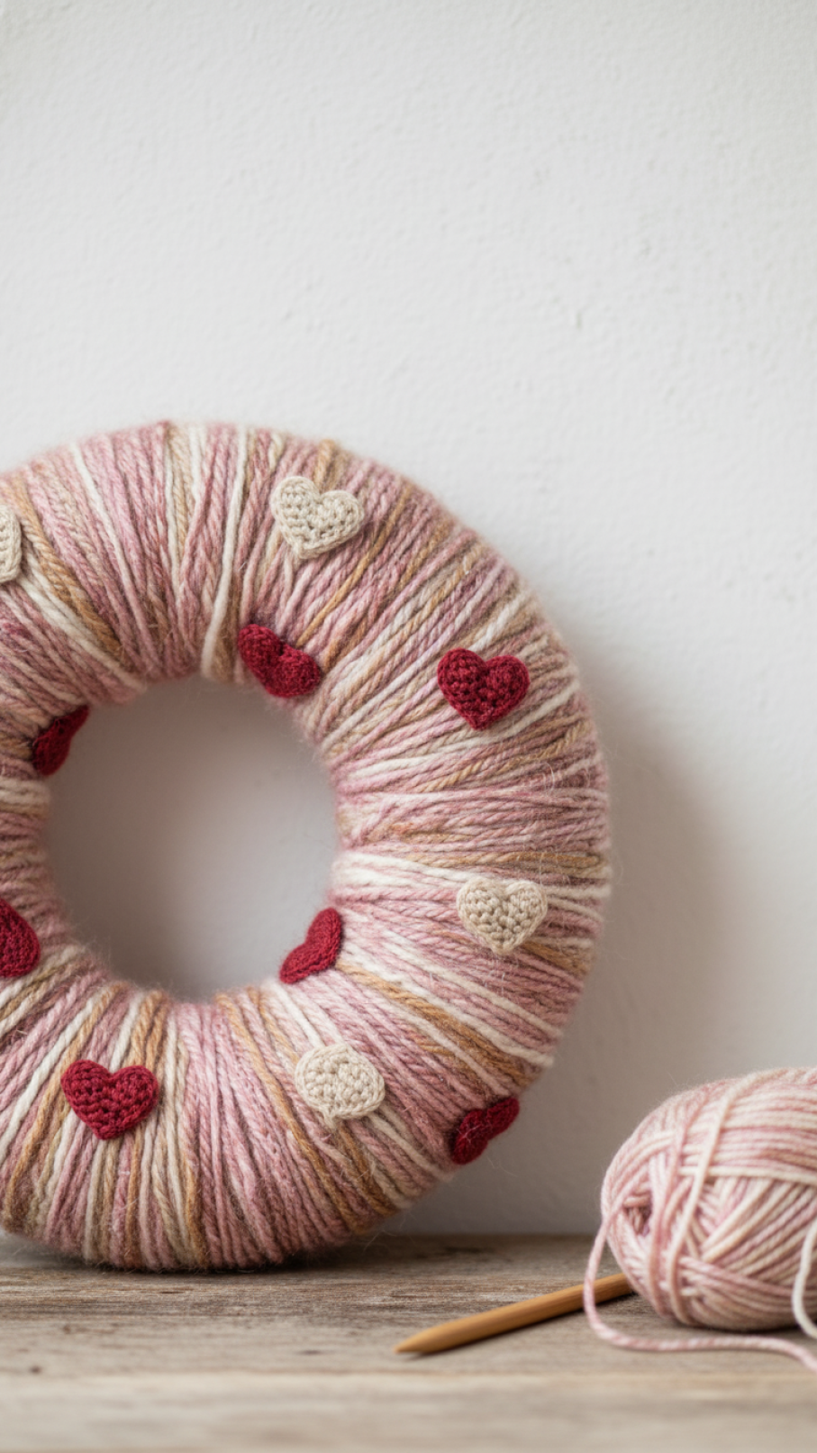 Plush yarn-wrapped Valentine wreath with pink and cream yarn and crocheted red hearts.