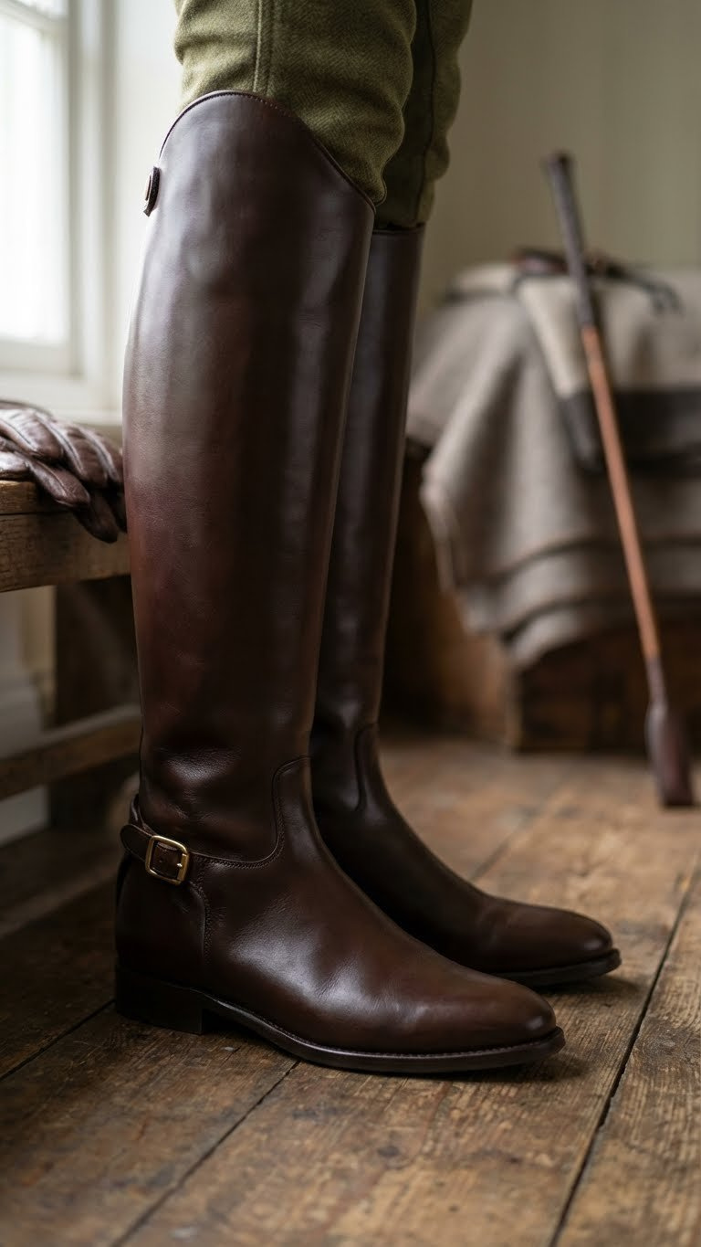 Polished dark brown leather riding boots, highlighting smooth texture and clean lines on a rustic floor, perfect for equestrian style.
