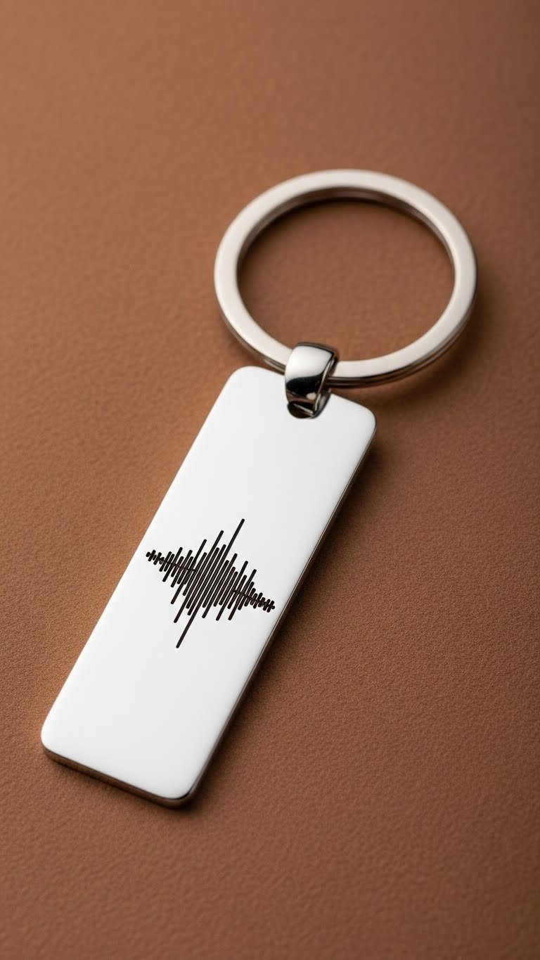 Polished silver soundwave keychain with engraved audio pattern displayed on clean minimalist background with soft shadows.