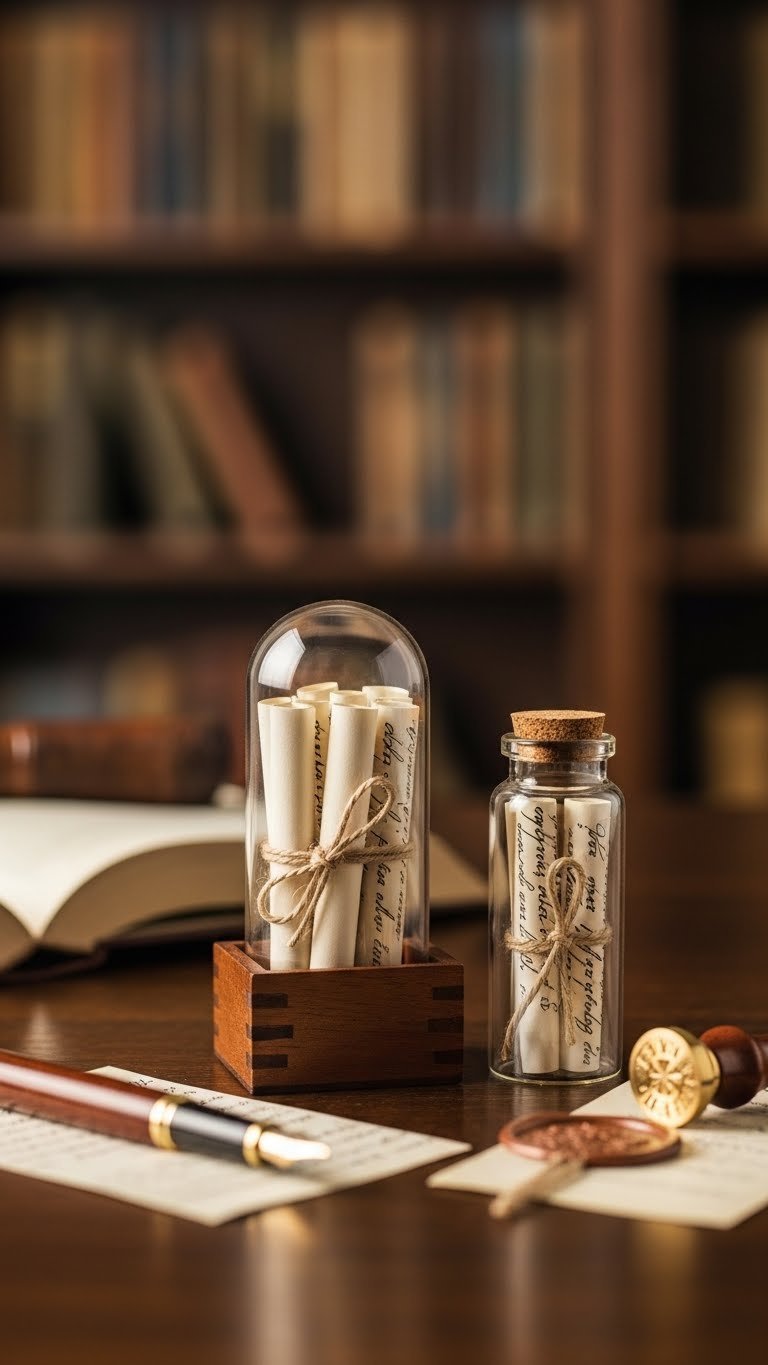 Polished wooden capsule filled with rolled handwritten letters tied with natural twine on dark wood.