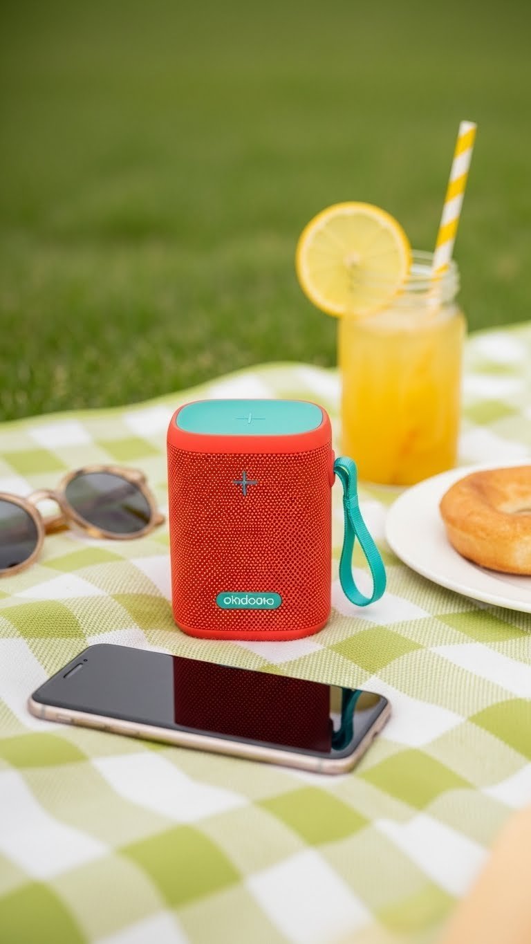 Portable Bluetooth speaker on picnic blanket with smartphone suggesting outdoor music entertainment setup