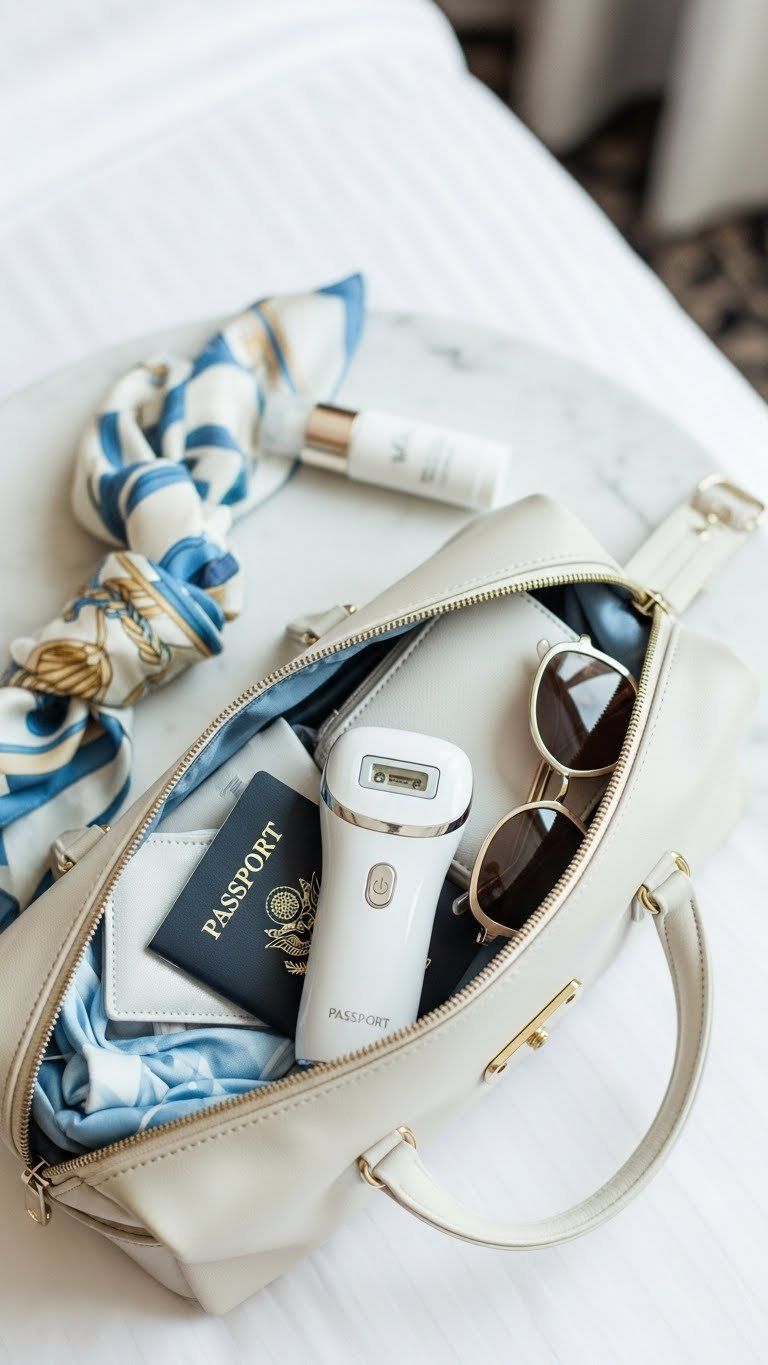 Portable cordless IPL device nestled among travel essentials in light-colored bag