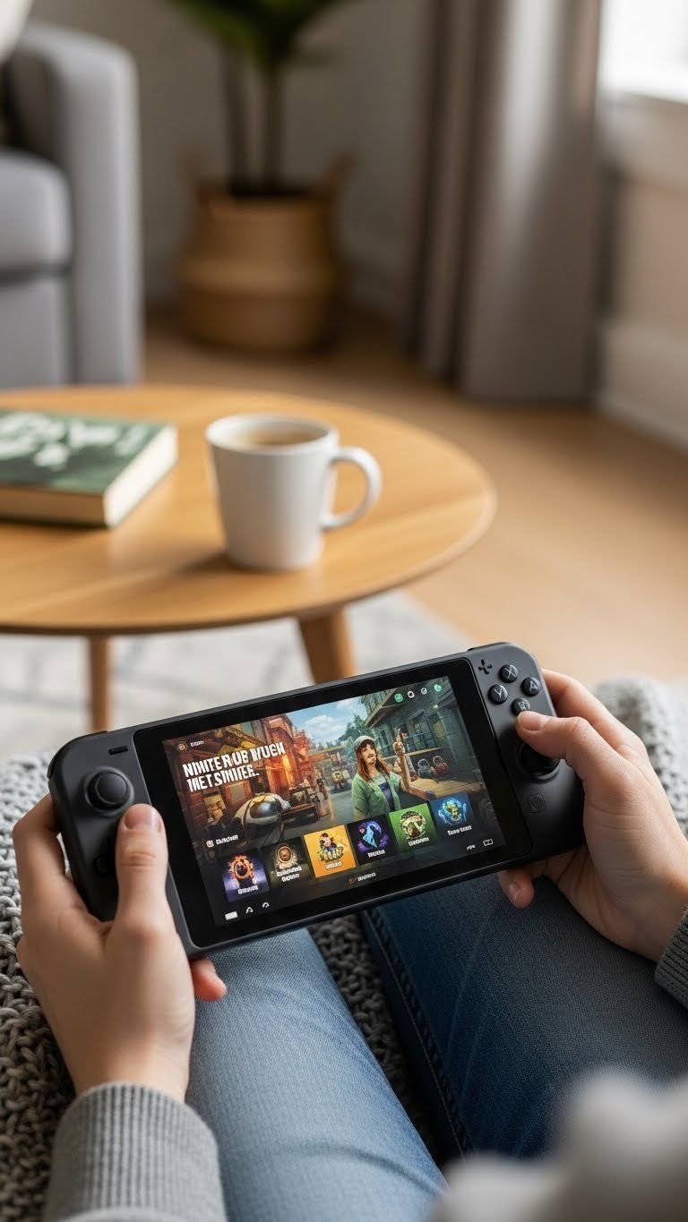 Portable gaming handheld being used casually on sofa with vibrant game displayed on screen