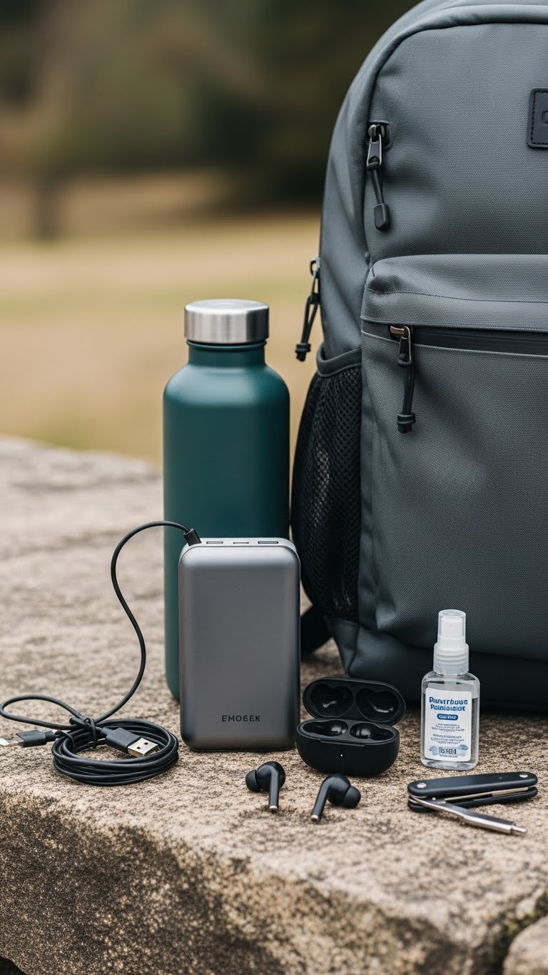 Portable power essentials including compact power bank, charging cable, and wireless earbuds next to backpack