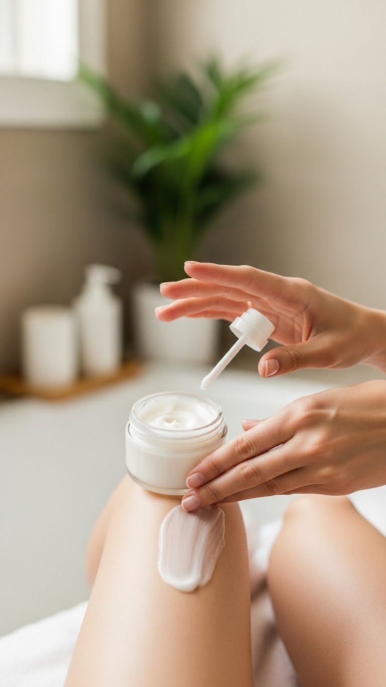 Post-hair removal care with soothing moisturizer applied to smooth skin against spa-like bathroom backdrop.