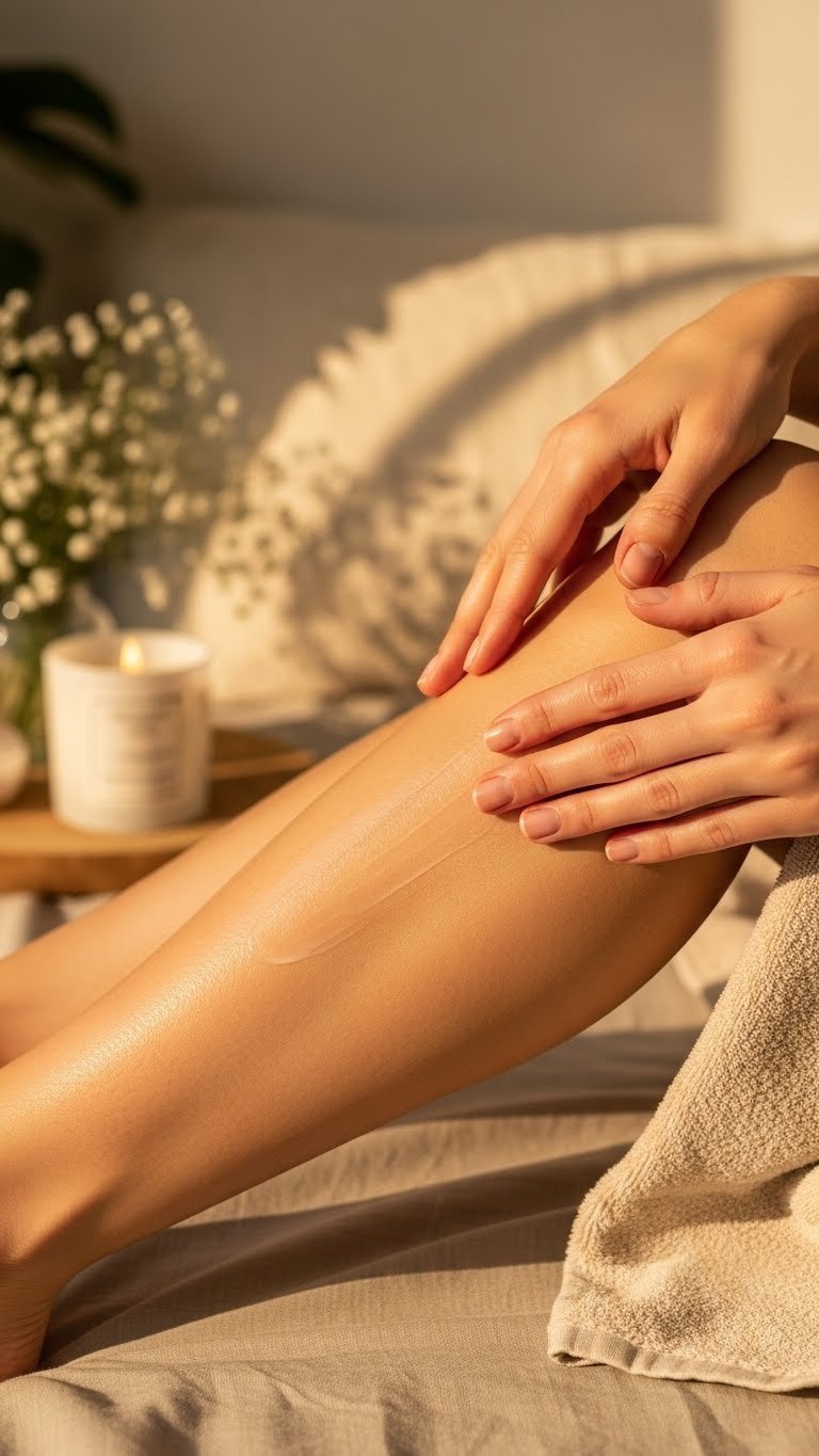 Post-hair removal skincare routine with hydrating lotion applied to smooth skin in cozy spa-like setting