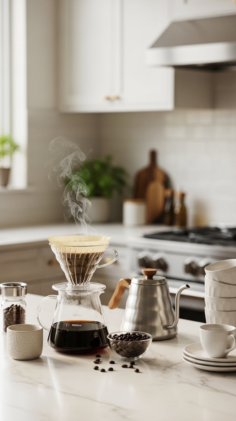 Pour-over coffee brewing kit with glass carafe, ceramic dripper, and fresh beans on marble countertop