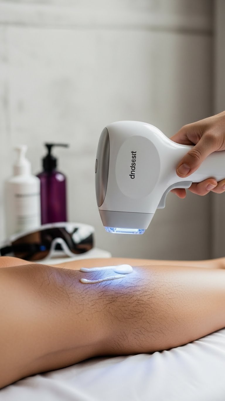 Powerful at-home laser hair removal device emitting focused light beam over leg with dark coarse hair before treatment