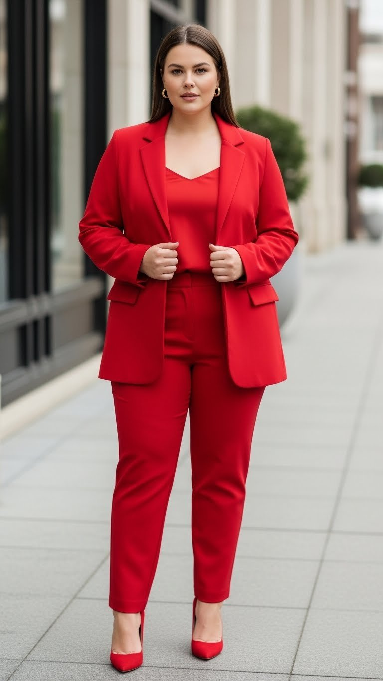 Powerful curvy woman wearing bold red tailored suit with minimalist accessories in chic office environment
