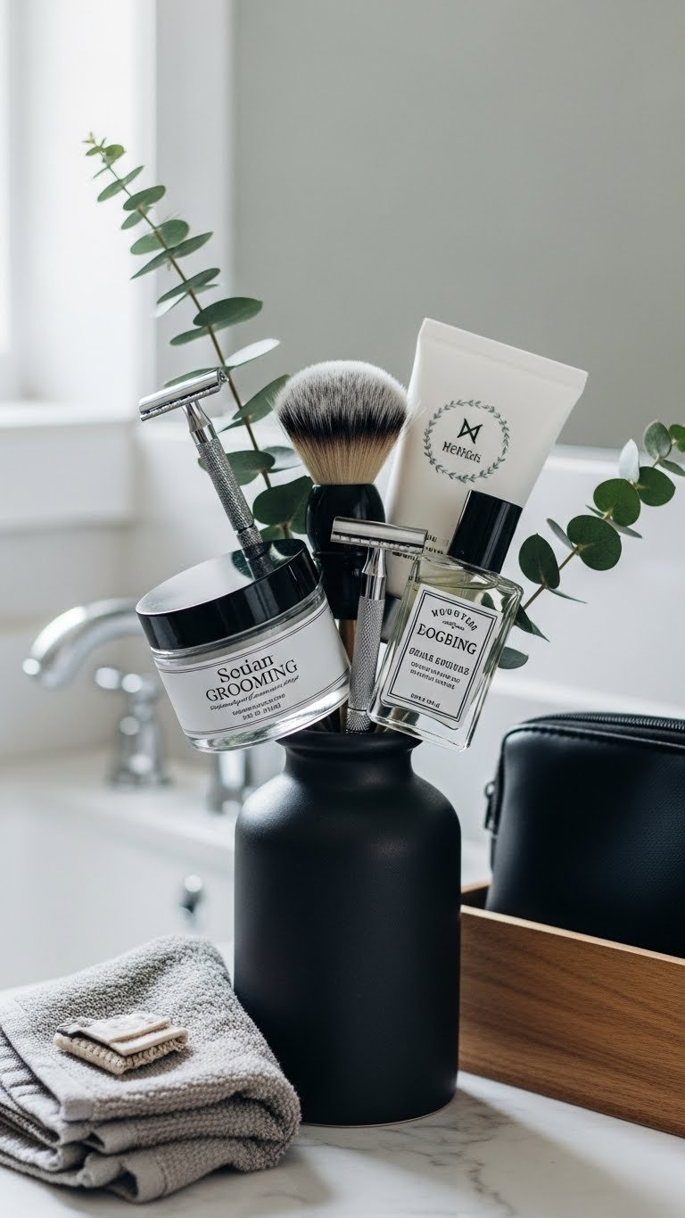Practical DIY grooming essentials bouquet featuring premium men's grooming products in dark ceramic vase