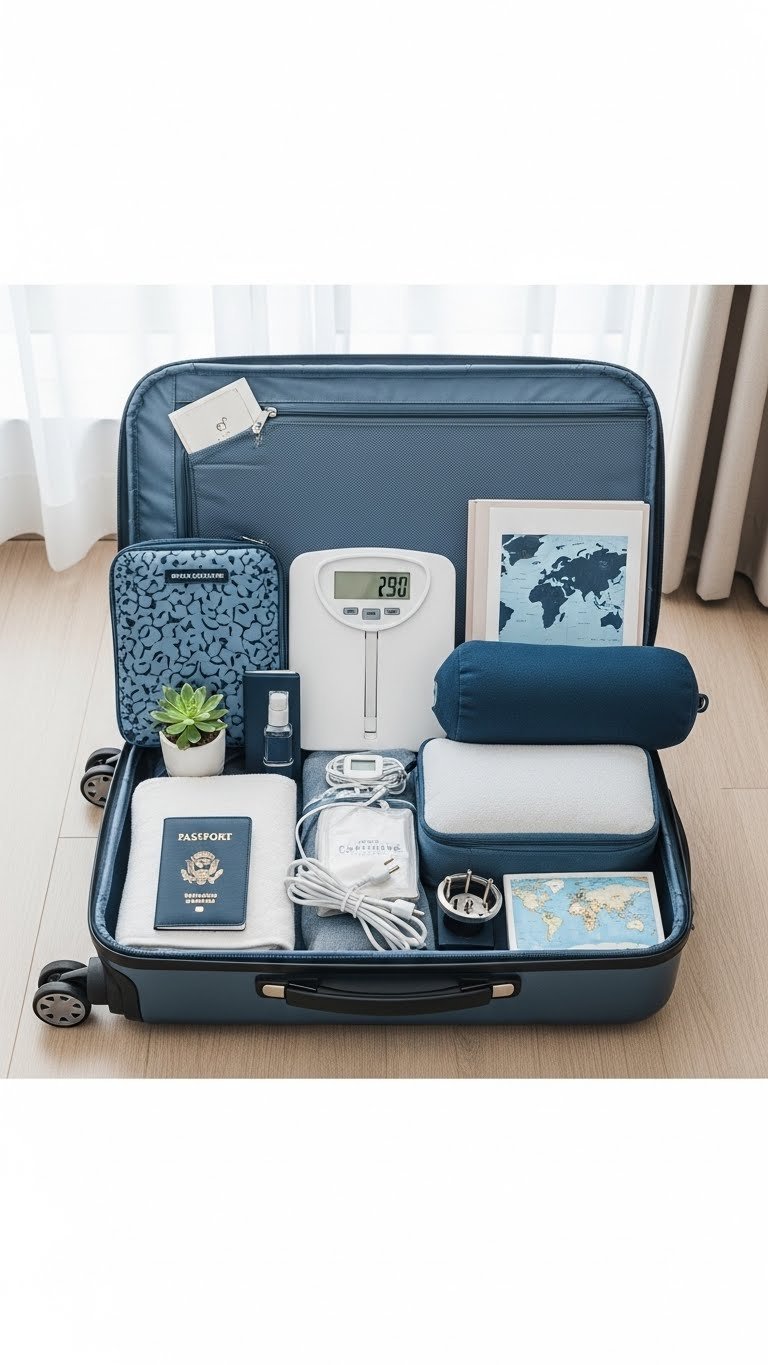 Practical travel essentials including packing cubes and adapter arranged in open suitcase