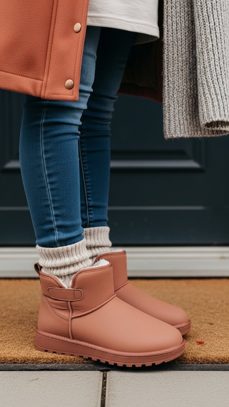Practical waterproof winter maternity boots with sturdy sole and cozy sock, ready for snow on a mudroom mat.