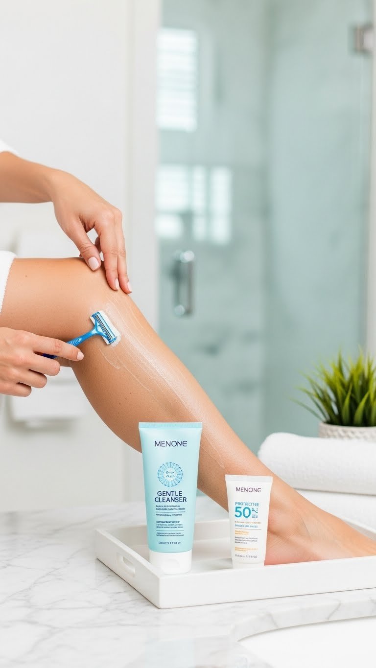 Pre-treatment preparation for laser hair removal with razor, gentle cleanser, and sunscreen on white ceramic tray