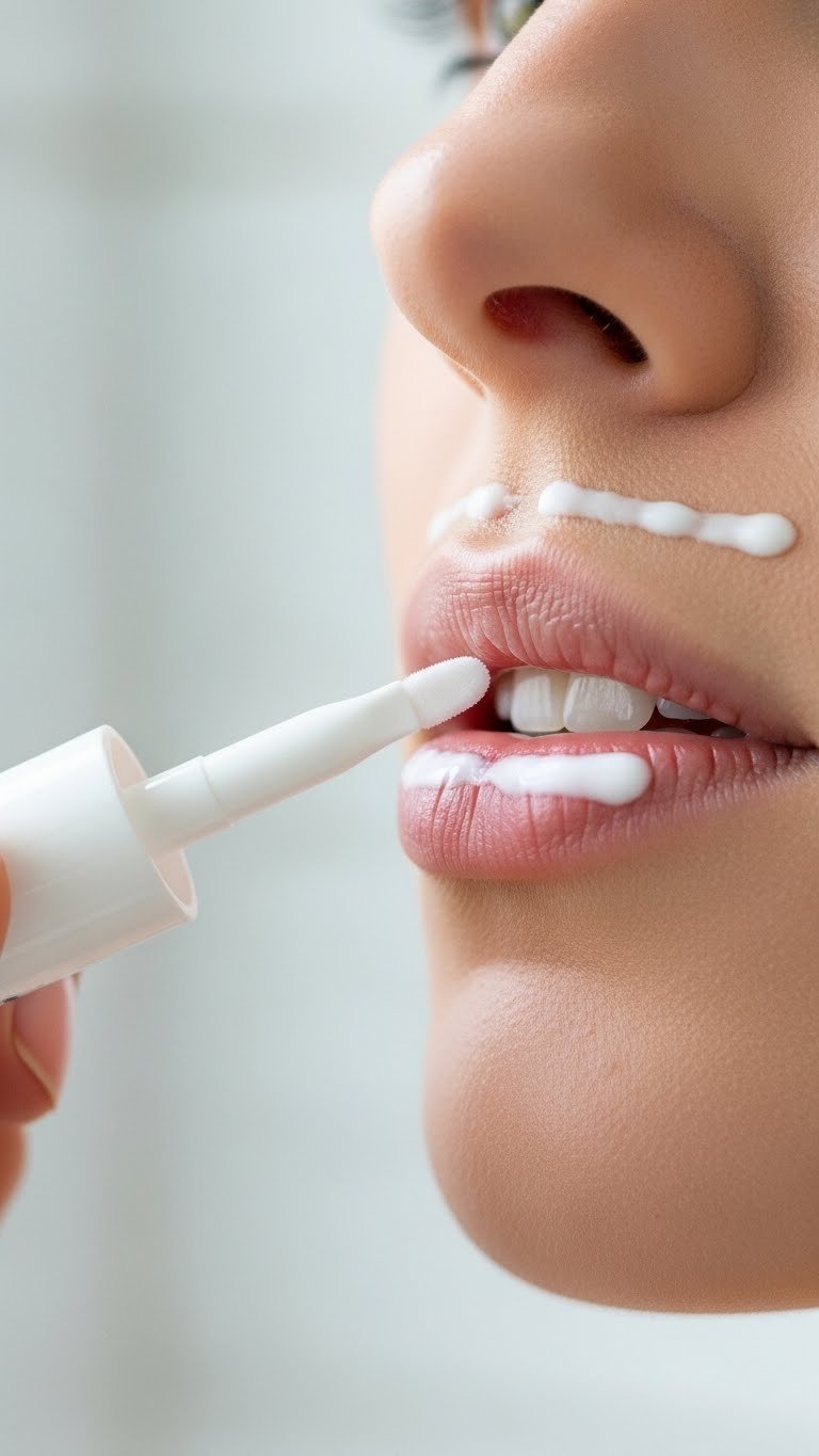 Precise application of white facial hair removal cream to upper lip using small plastic applicator