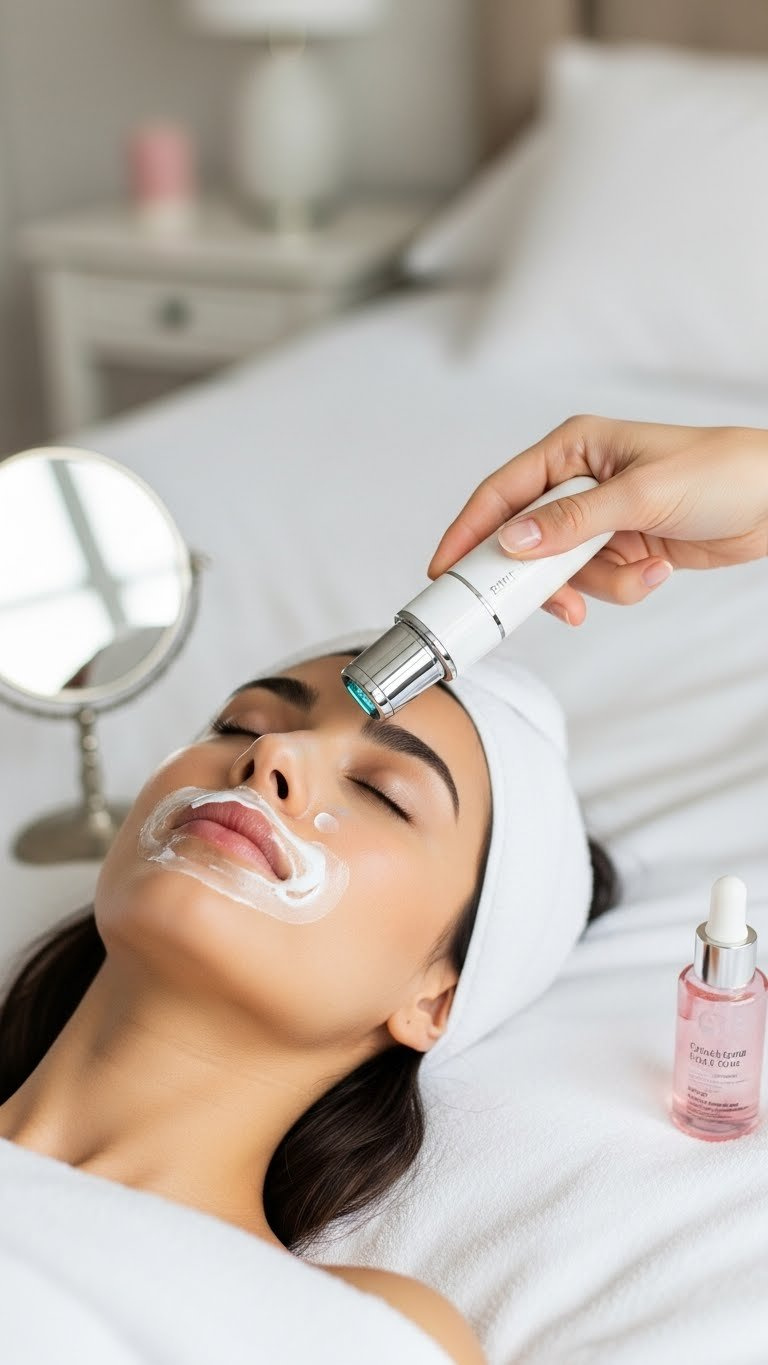 Precision facial IPL device carefully used on upper lip area for gentle hair removal