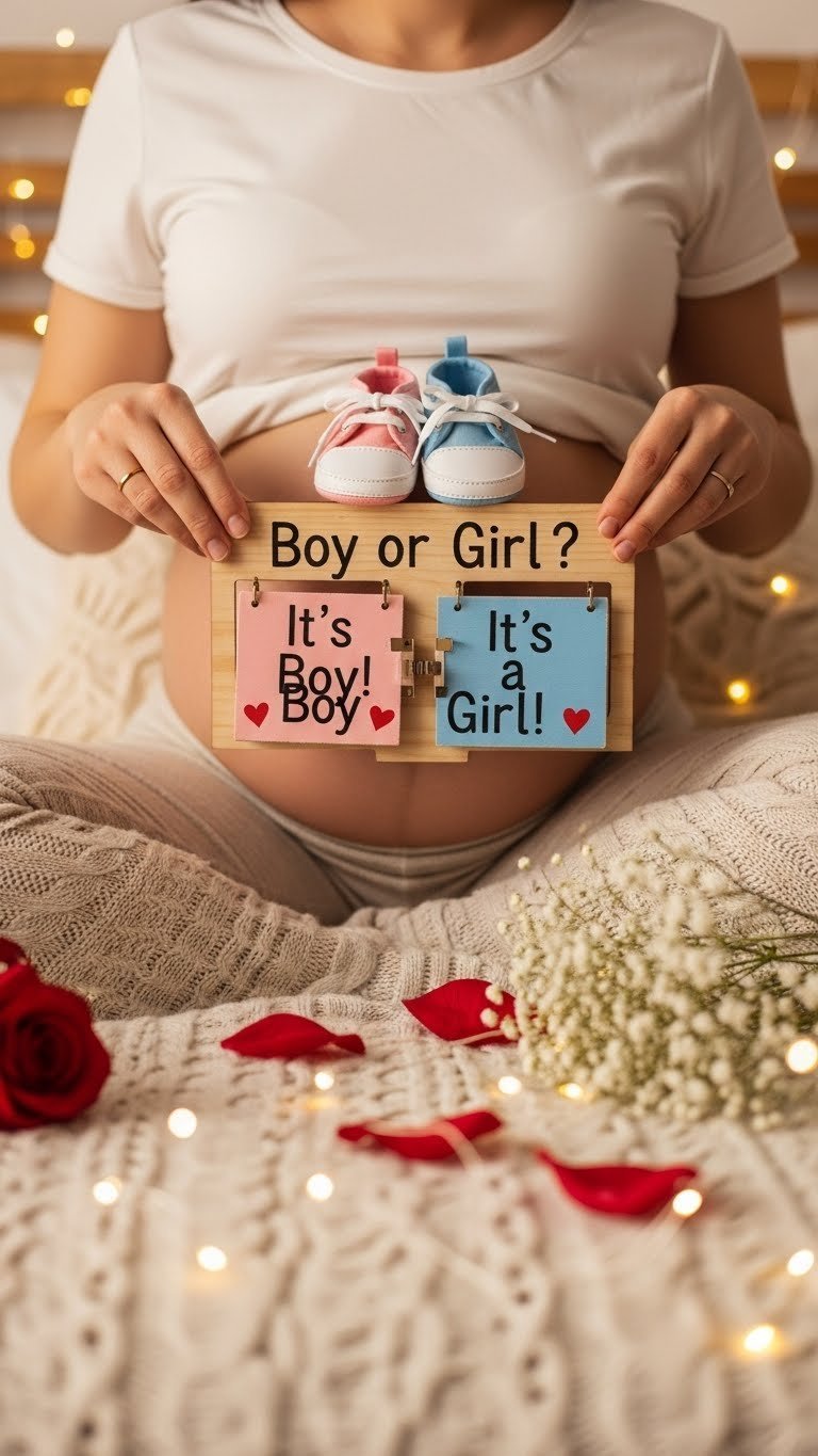 Pregnant belly with baby shoes and wooden sign revealing baby gender during romantic photo session