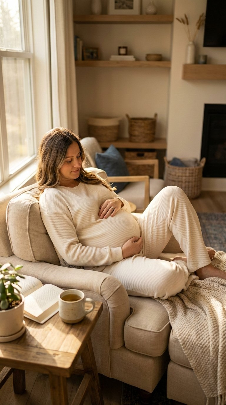 Pregnant woman in comfortable bamboo loungewear relaxing on plush sofa with cozy throw blanket