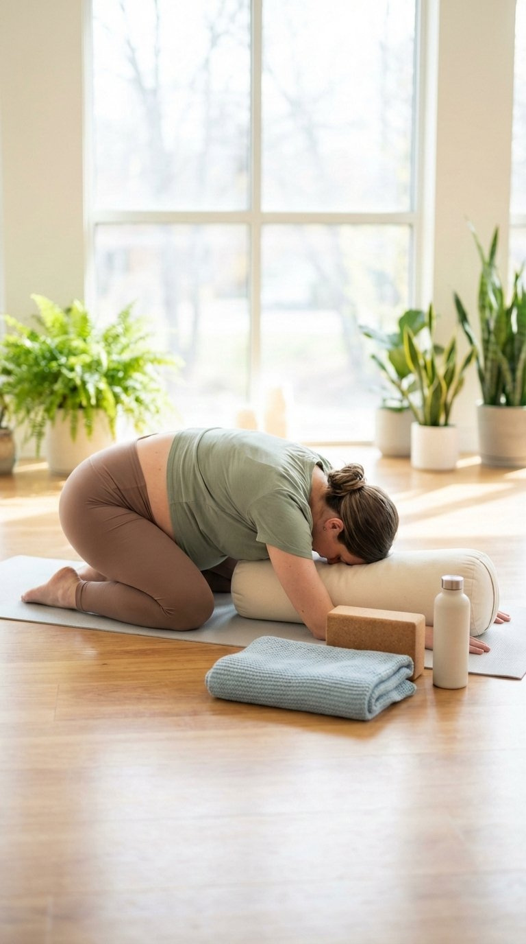 Pregnant woman performing gentle prenatal yoga pose on light-colored mat in bright studio
