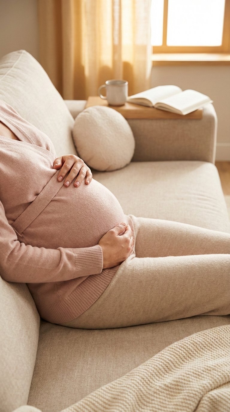 Pregnant woman relaxing in stylish maternity loungewear on plush sofa with cozy home interior