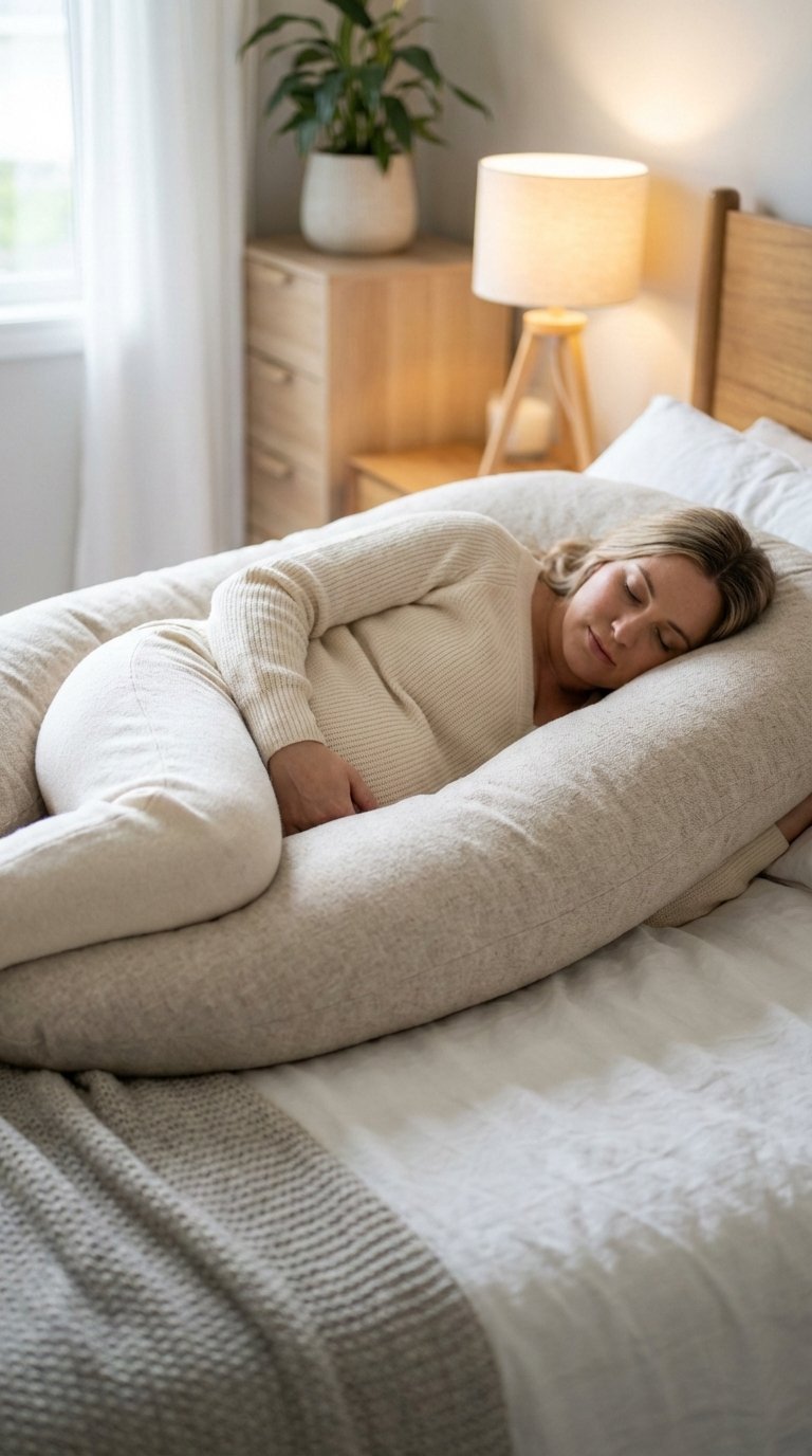 Pregnant woman sleeping peacefully on U-shaped pregnancy pillow with baby bump cradled in soft bedroom setting