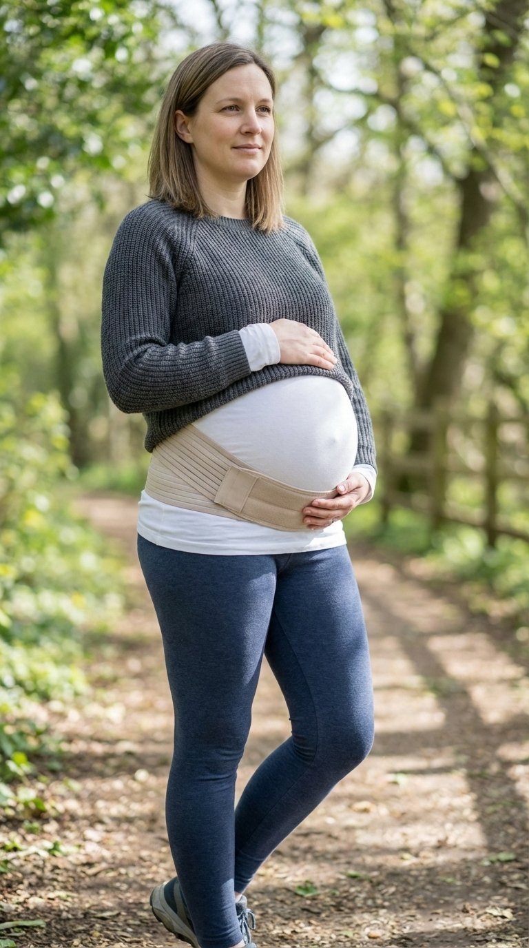 Pregnant woman wearing discreet maternity belt providing belly support in natural outdoor setting