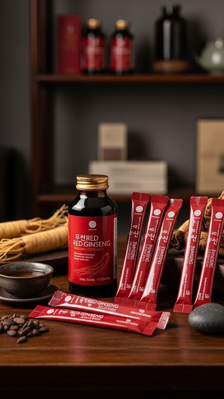 Premium Korean red ginseng supplements elegantly packaged on dark polished wooden table with warm lighting.