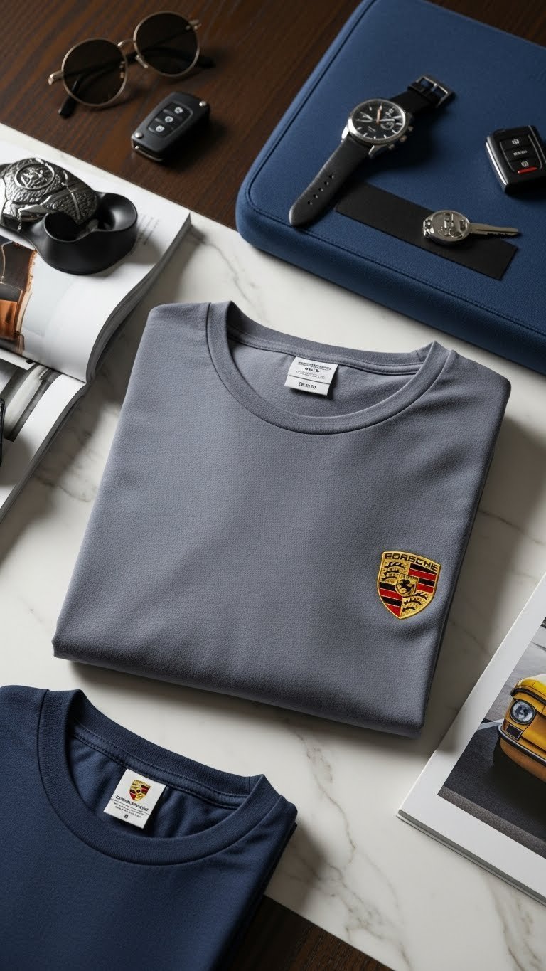 Premium automotive apparel featuring embroidered classic car logo folded neatly on dark wooden table with soft natural window lighting.