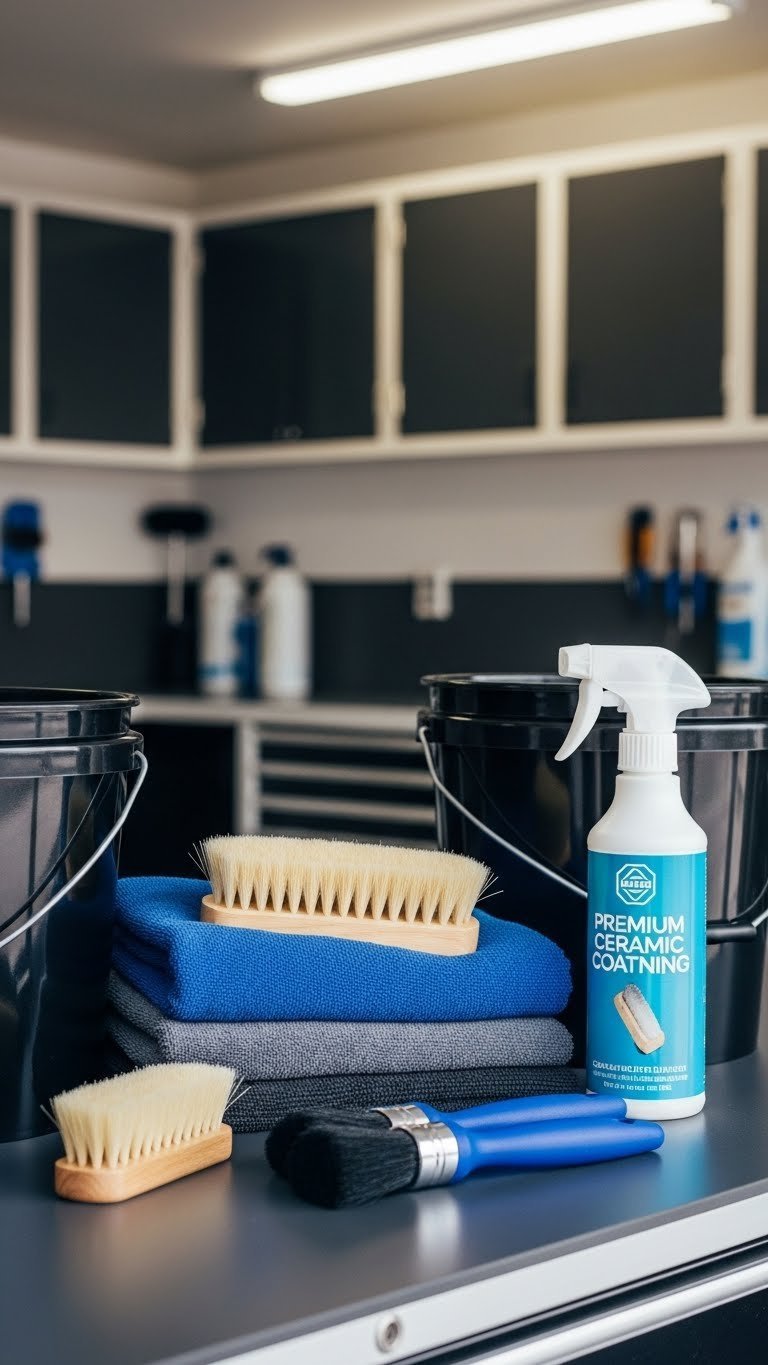 Premium car detailing tools including microfiber towels, ceramic coating spray, and detailing brushes arranged neatly on dark grey workbench