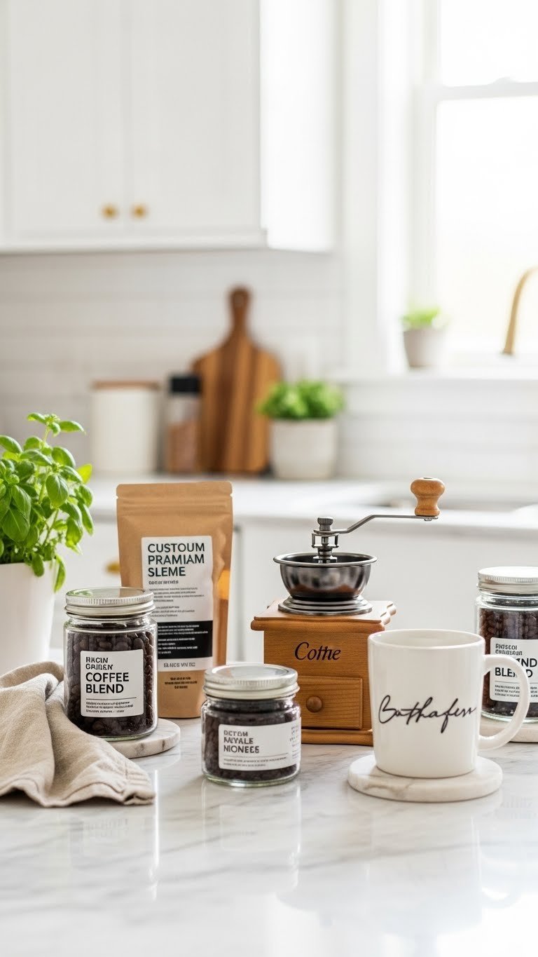 Premium coffee blend kit with glass jars and manual grinder arranged on marble kitchen countertop