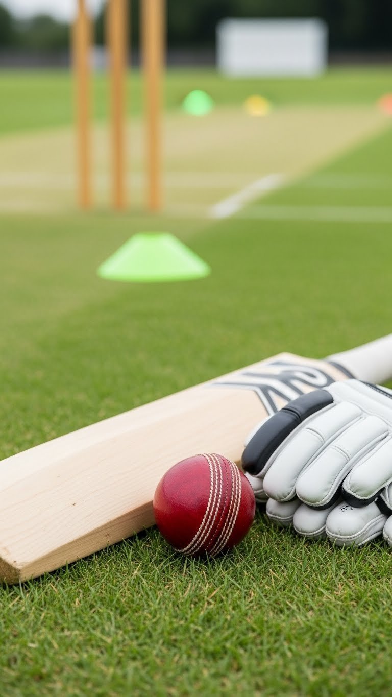 Premium cricket bat, leather ball, and professional gloves arranged on lush green outfield with soft bokeh background