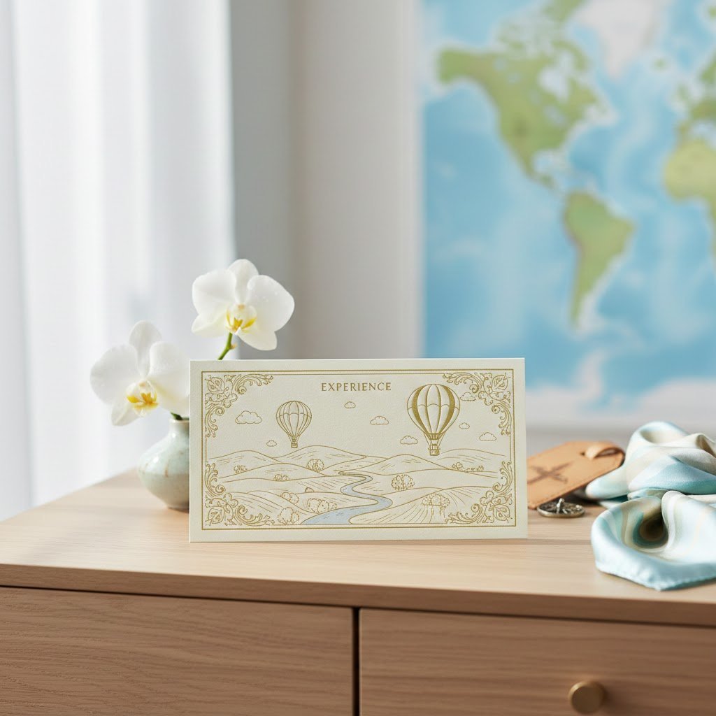 Premium experience voucher on minimalist desk with travel illustration and fresh floral accents