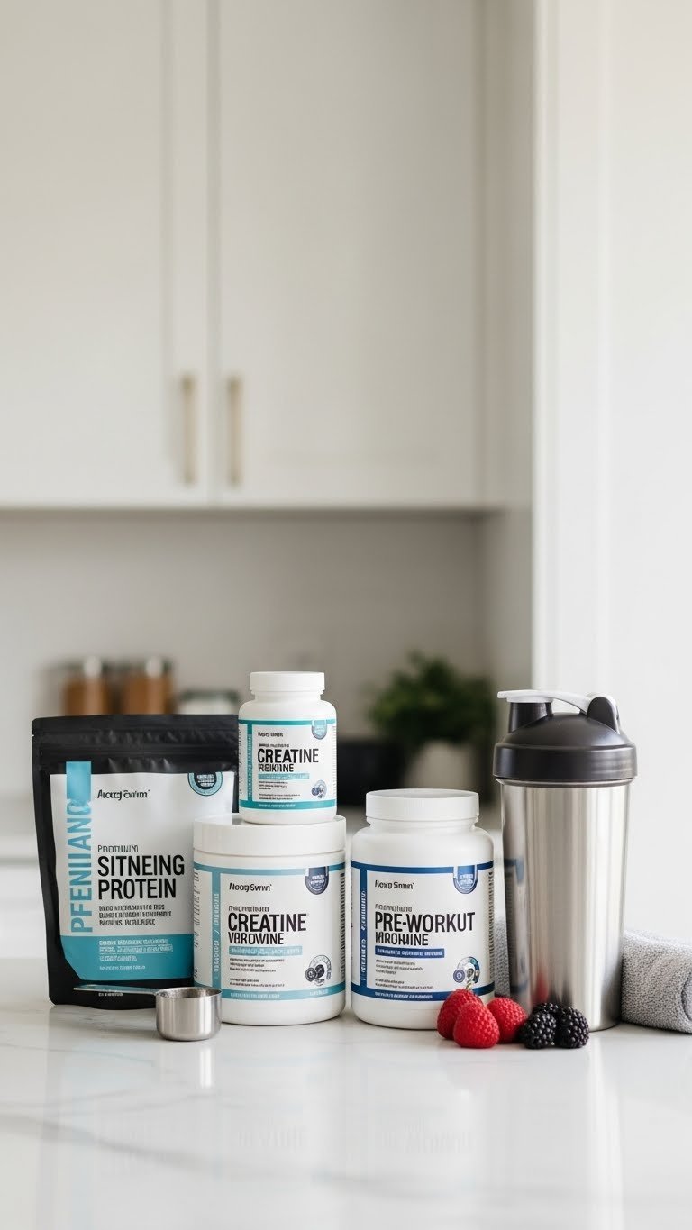 Premium fitness supplements arranged with stainless steel shaker bottle on clean countertop flat lay