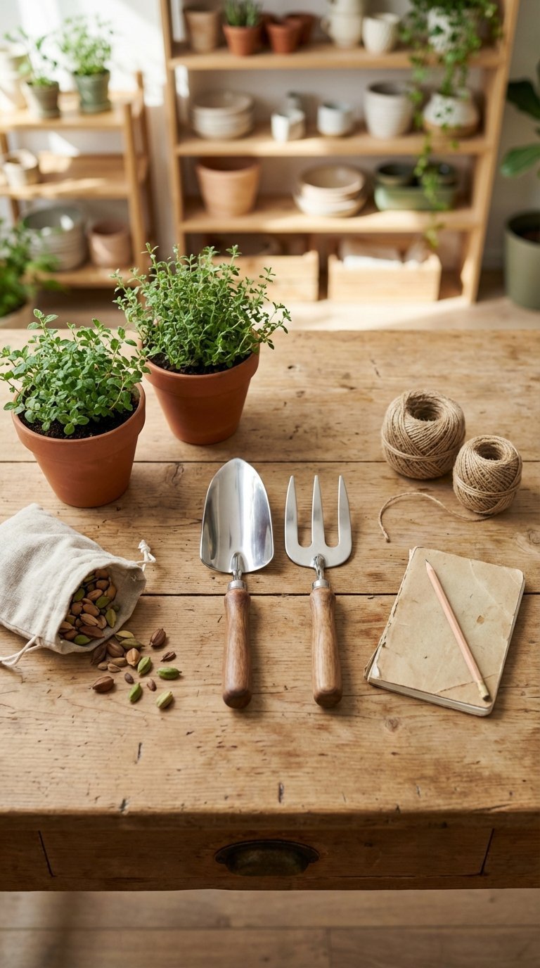 Premium gardening tools and seeds arranged in flat lay composition on natural wooden desk.